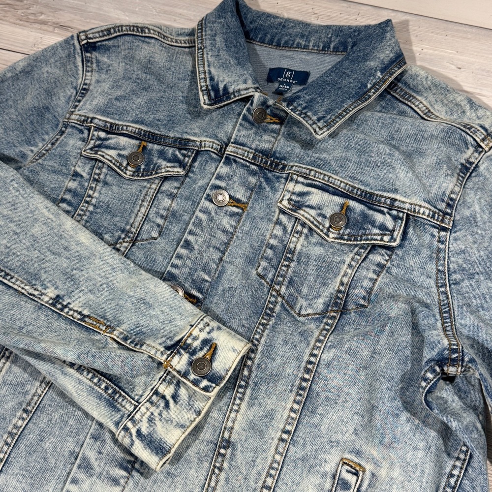 George Acid Wash Blue Denim Jean Jacket Mens L (42-44) Trucker Pockets Stretch‎